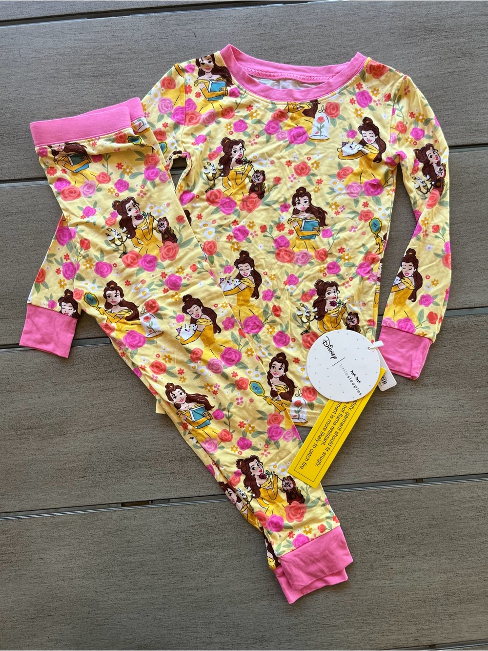 NWT Little Sleepies Disney Belle Yellow and Pink Girls Pajama Set